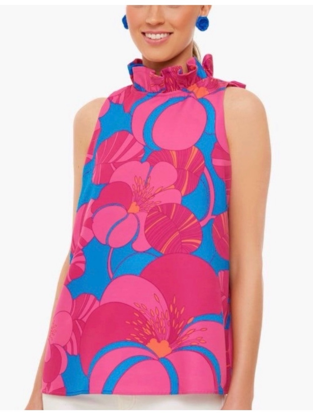 Tuckernuck Faye Pink and Blue Floral Ruffle Mock Neck Blouse